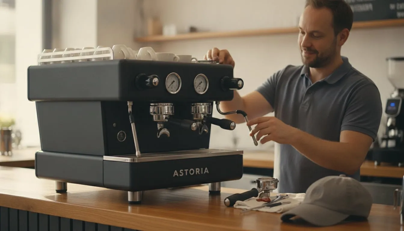 Astoria Storm on a cafe bar, technician beside it with the portafilter in hand — full figure, machine fully in frame; cap and tools on the counter