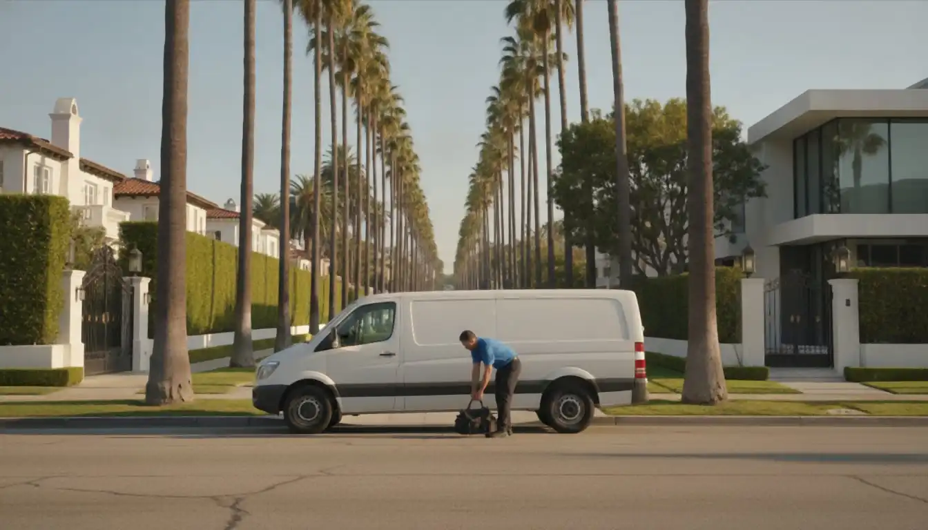White service van parked on a palm-lined street with clipped hedges and gates in Beverly Hills, technician lifting a tool bag from the side door