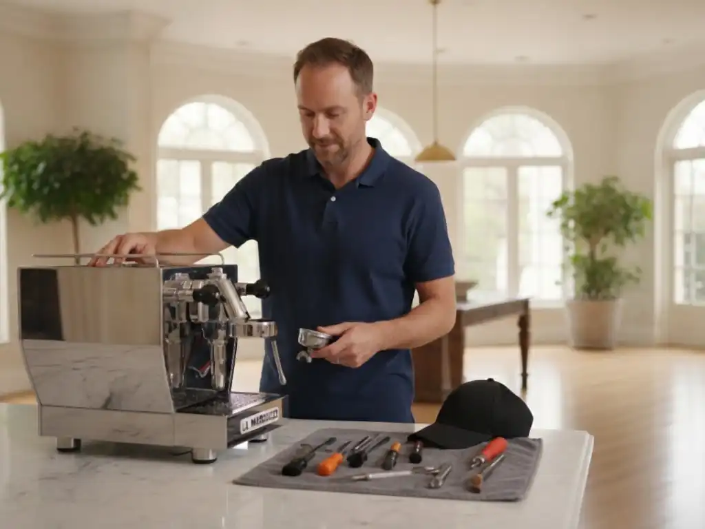 Technician working at an espresso machine in a large marble kitchen in Beverly Hills