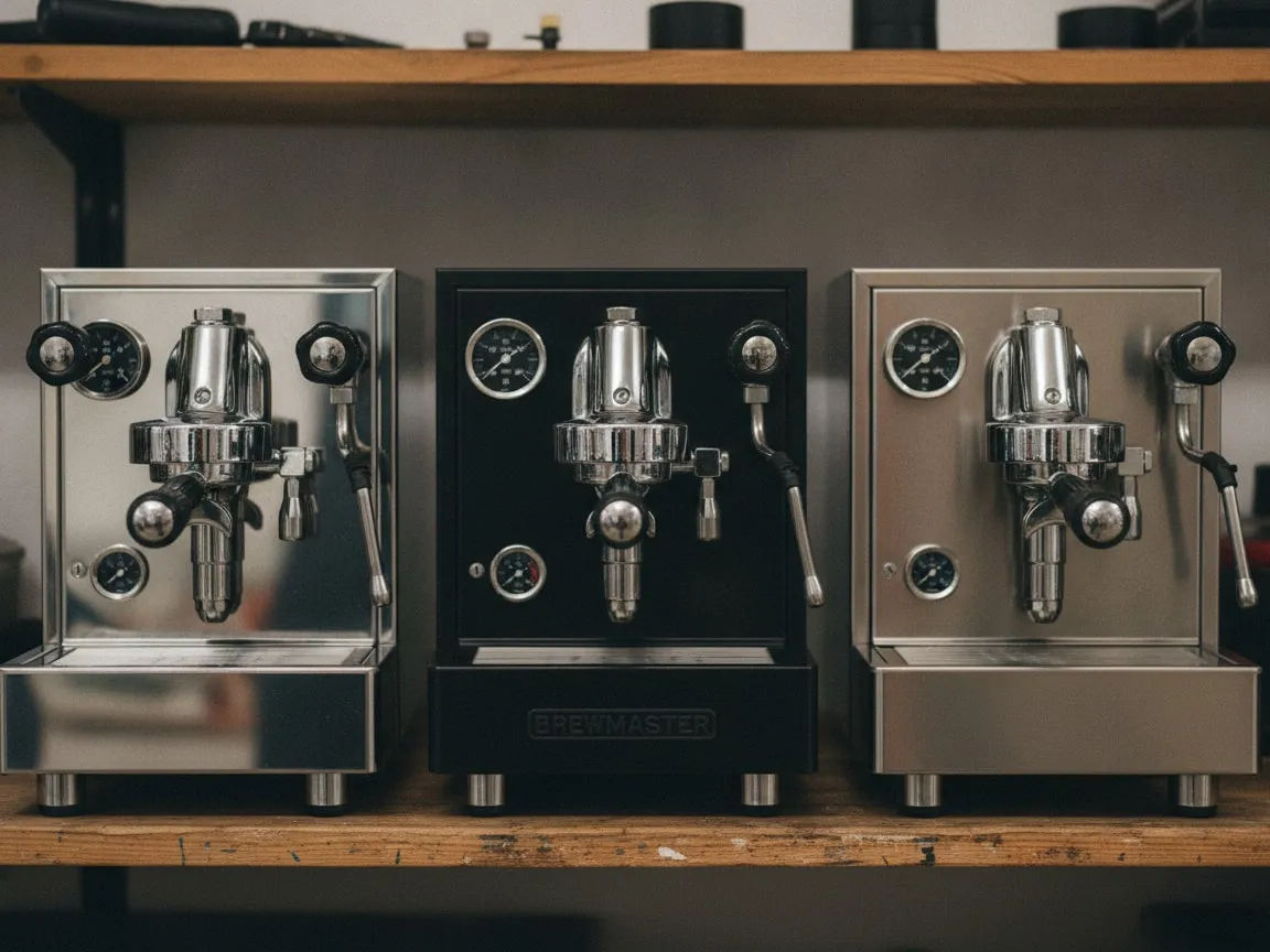 Three espresso machines side by side on a workshop shelf — polished chrome, matte black, brushed stainless