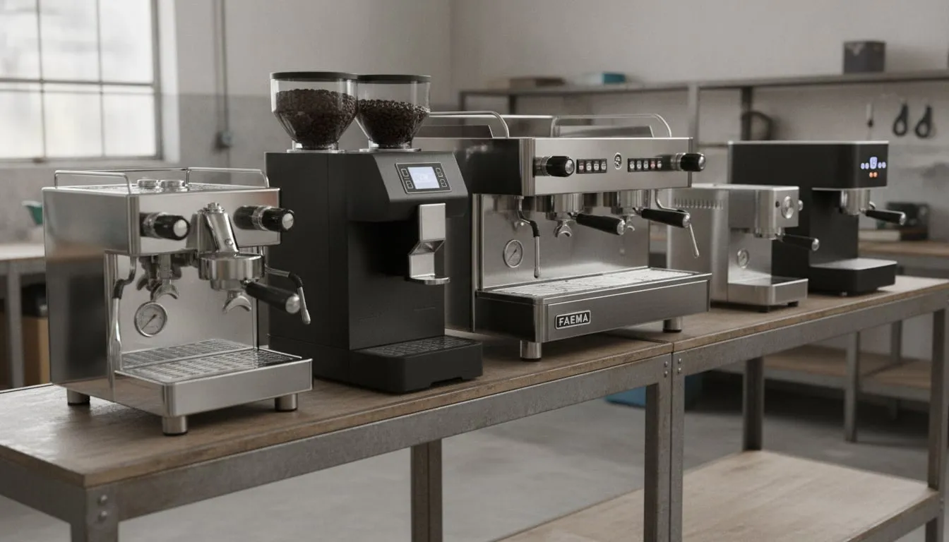 Row of five different espresso machines on a workshop shelf — chrome E61, black super-automatic, stainless two-group, compact home machine, matte-black modern