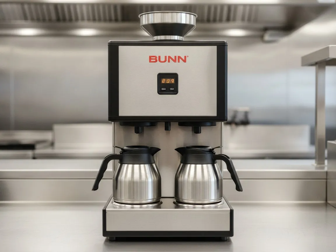 BUNN airpot brewer alone on a restaurant service counter, straight-on frontal view, even light