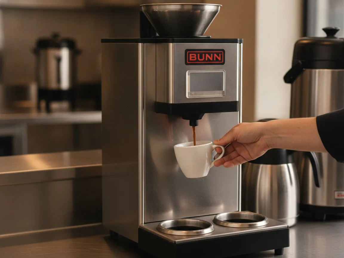 Hand holding a cup under the spout of a BUNN airpot brewer, coffee pouring