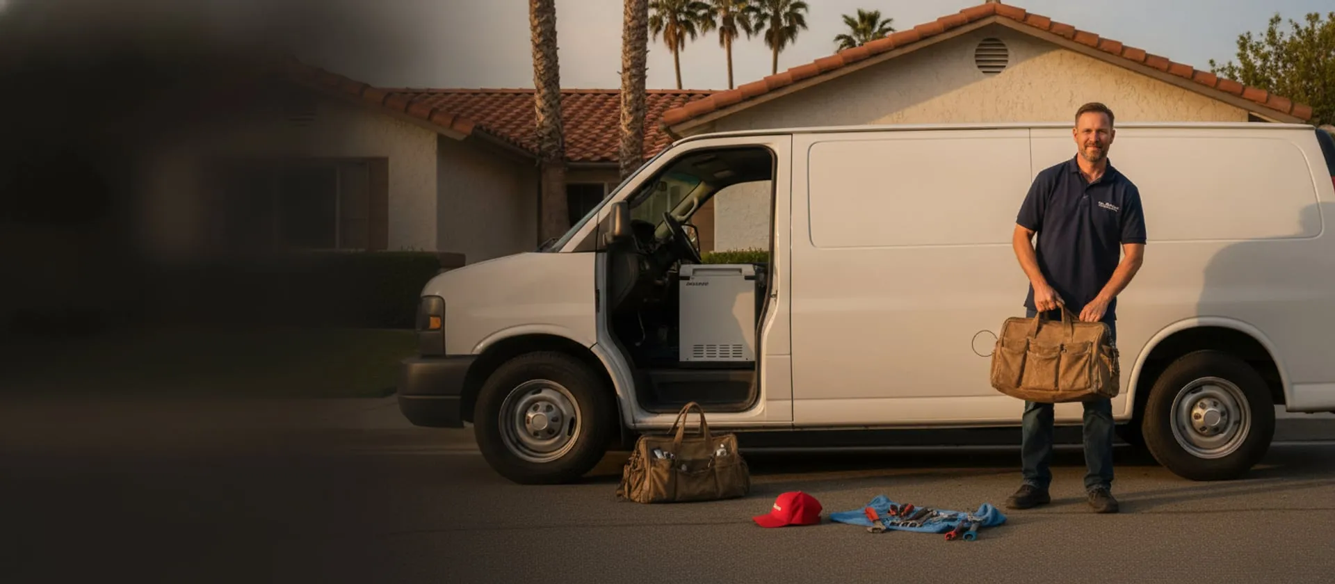 White service van at the curb outside a stucco Southern California house, technician holding a tool bag, cap and tools on the ground