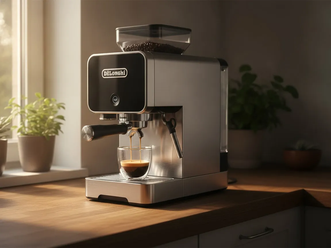 DeLonghi La Specialista on a kitchen counter with a cup under the group, side view, warm low light