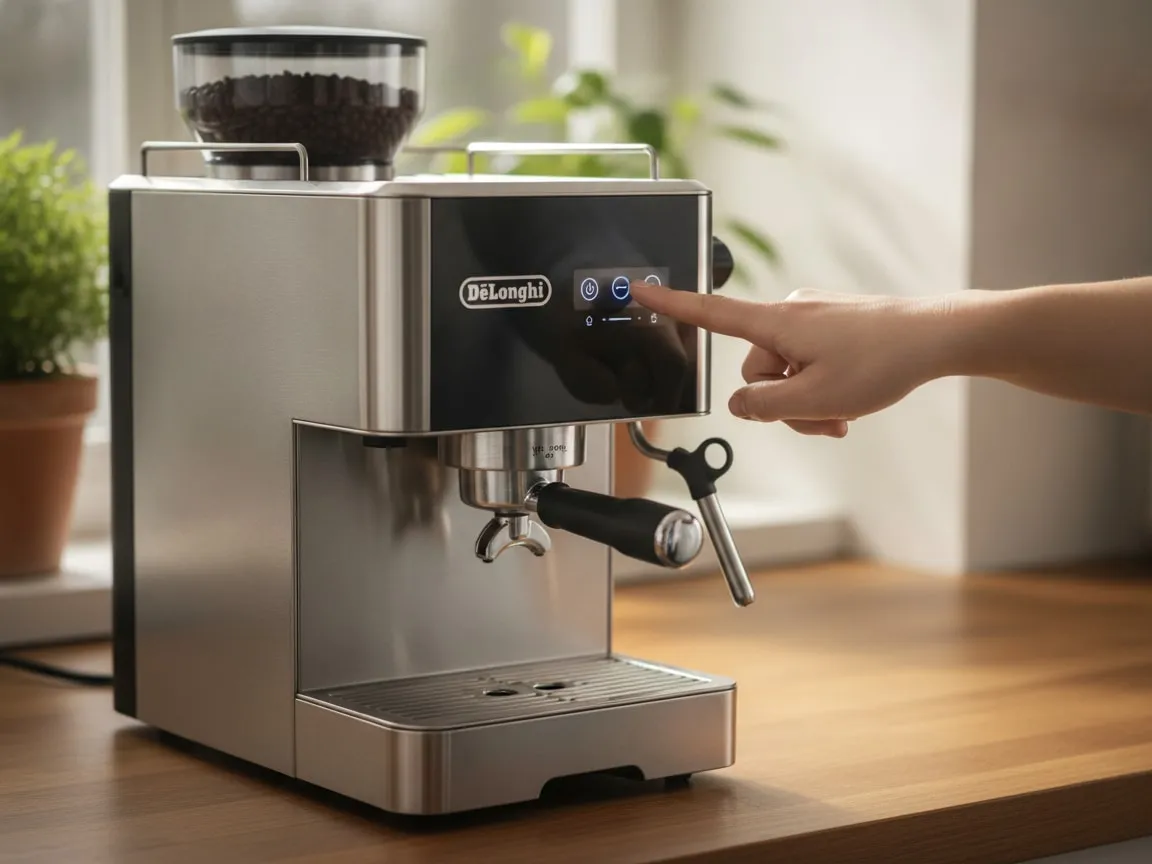 Finger pressing a button on the lit display of a DeLonghi La Specialista