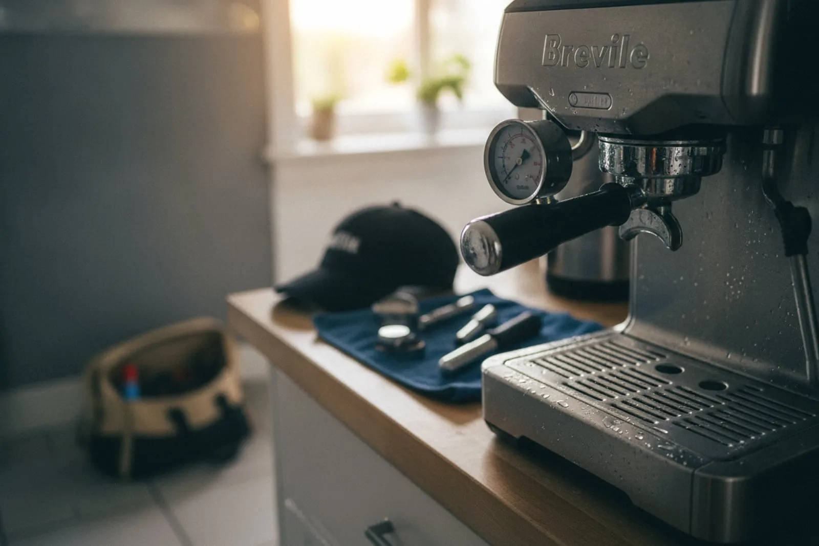 Pressure gauge fitted to the portafilter of a Breville espresso machine on a kitchen counter, cap and tools on a towel behind