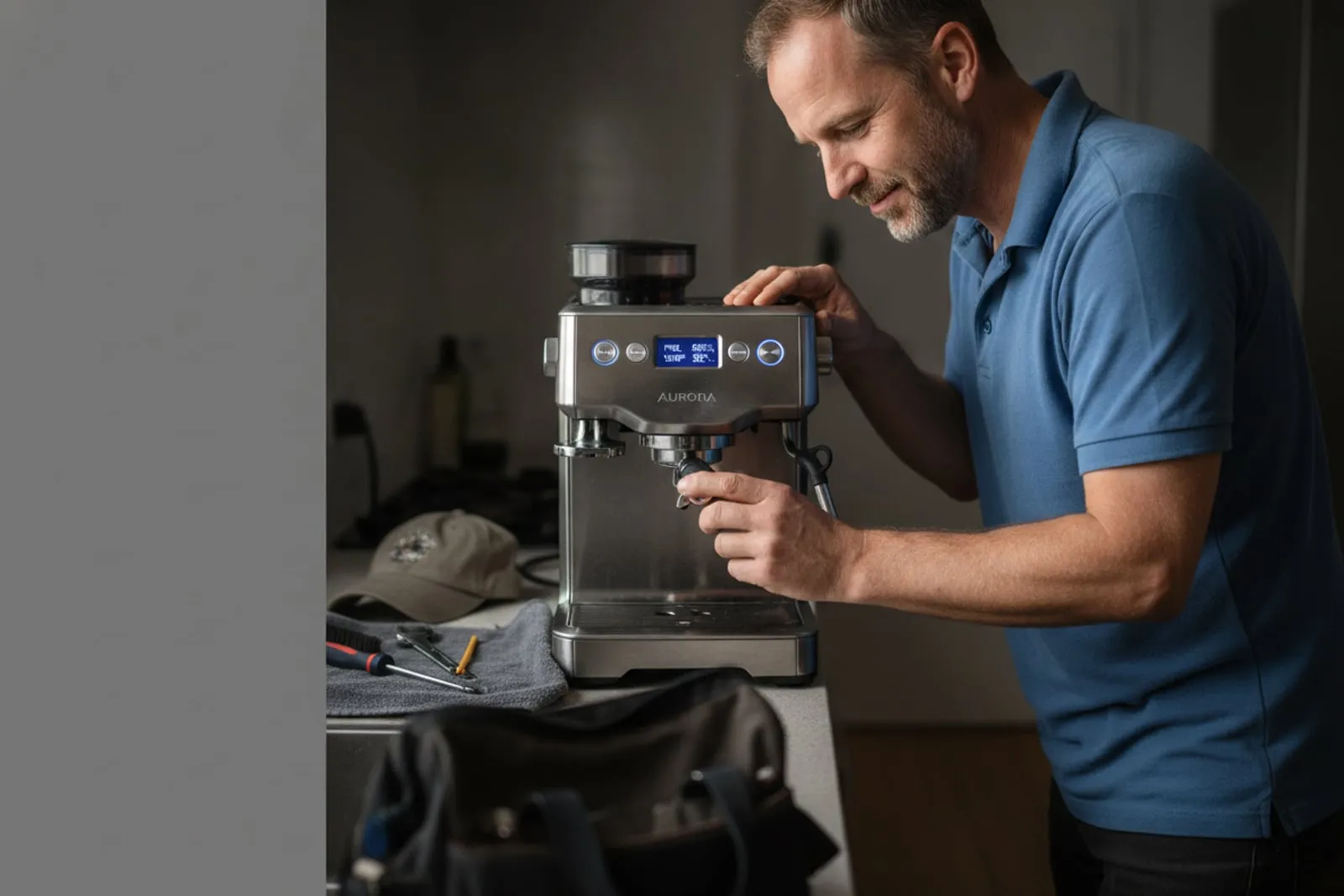 Technician setting the display of a home espresso machine on a kitchen counter, cap and tools on a towel, tool bag on the floor