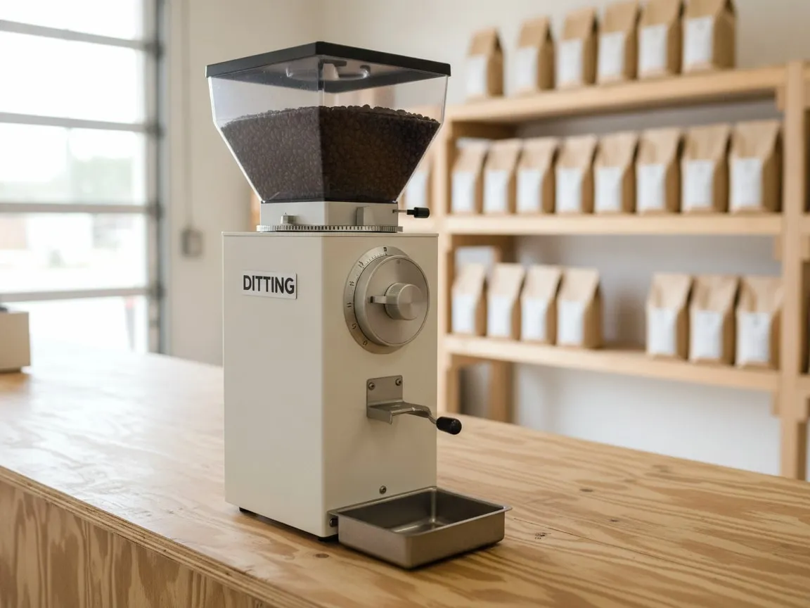 Ditting shop grinder seen at a three-quarter angle on a counter, nobody in frame