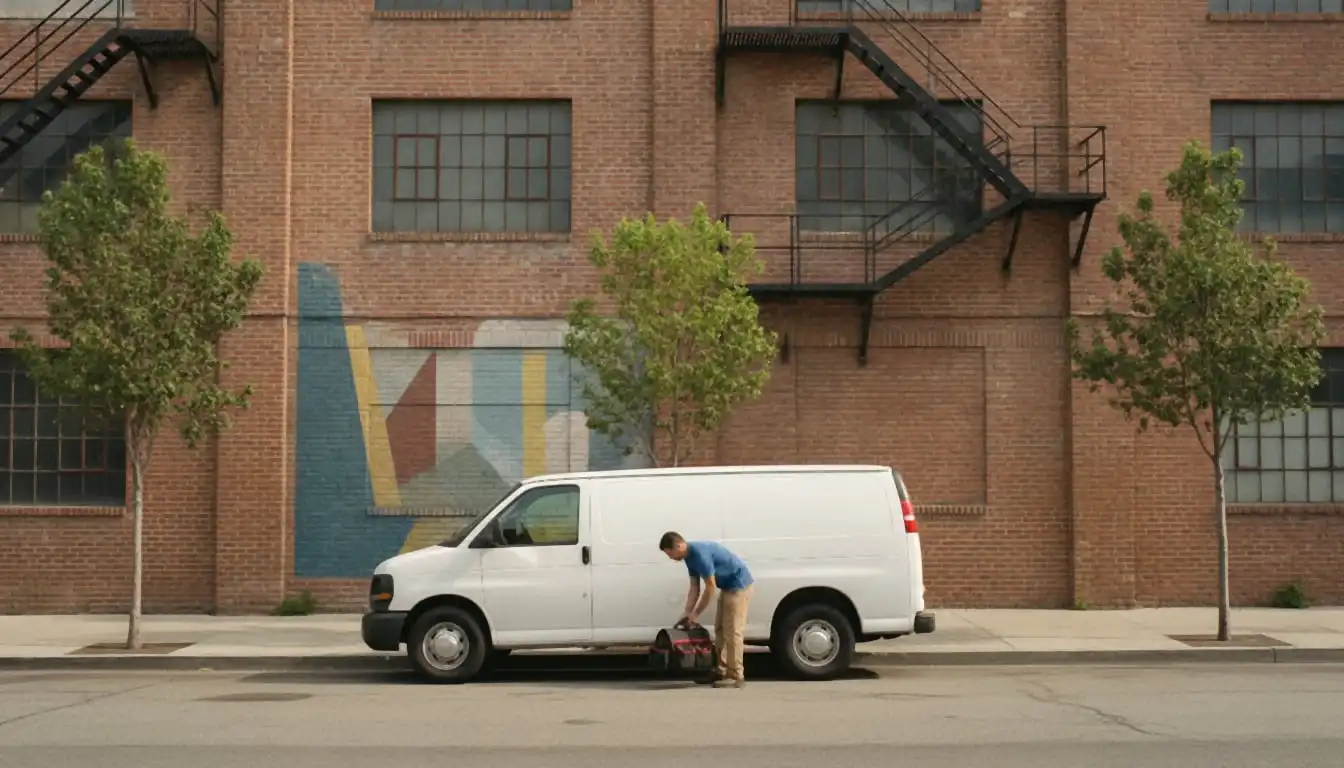 White service van parked below a painted brick warehouse wall in the Arts District, Downtown LA, technician lifting a tool bag