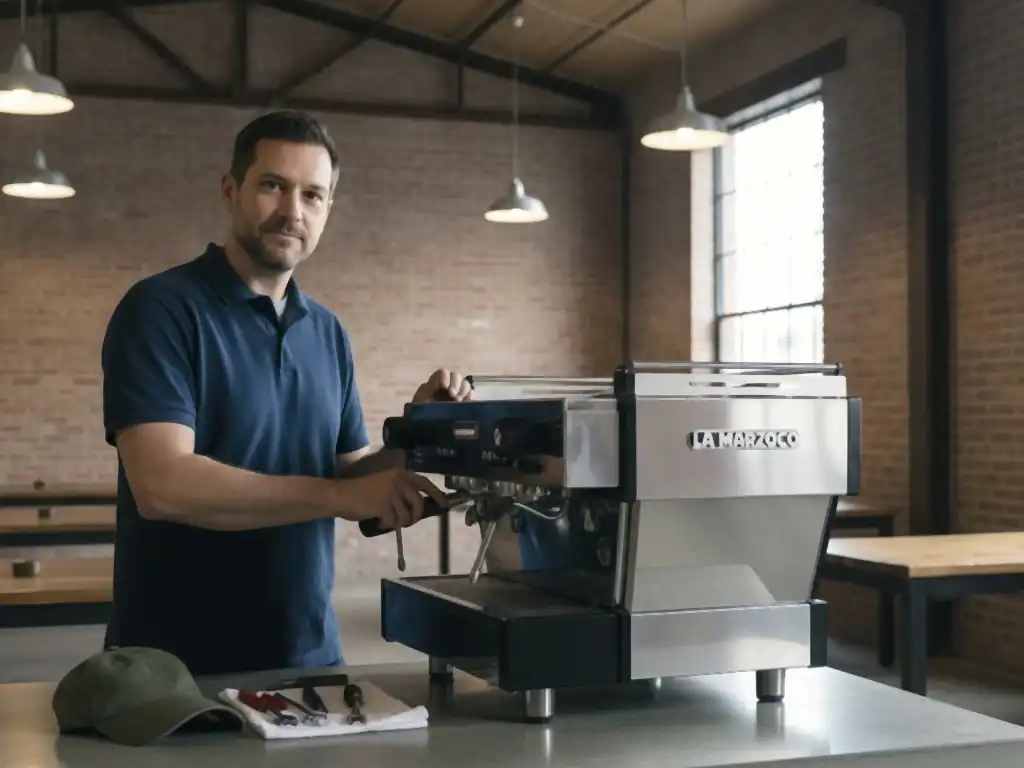 Technician working at an espresso machine in a brick-walled loft cafe in Downtown LA