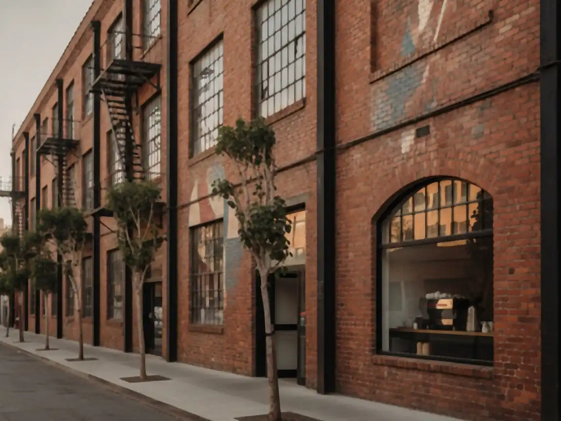 Downtown LA: brick warehouse block in the Arts District, cafe window with an espresso machine visible