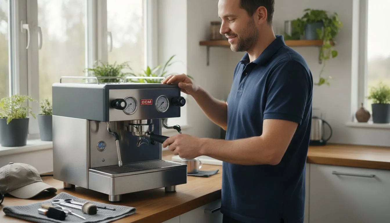 ECM Synchronika on a kitchen counter, technician beside it with the portafilter in hand — full figure, machine fully in frame; cap and tools on the counter