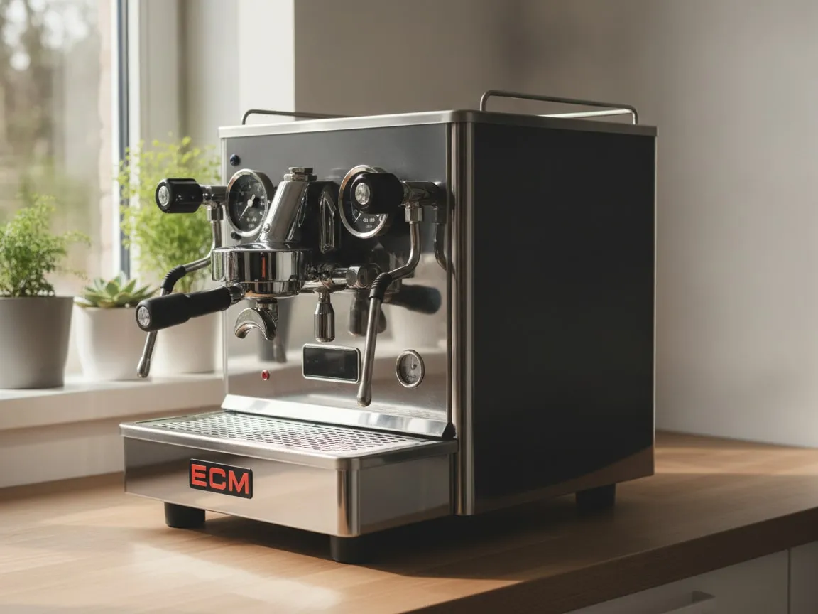 ECM Synchronika alone on a kitchen counter, three-quarter view from the right, soft side light