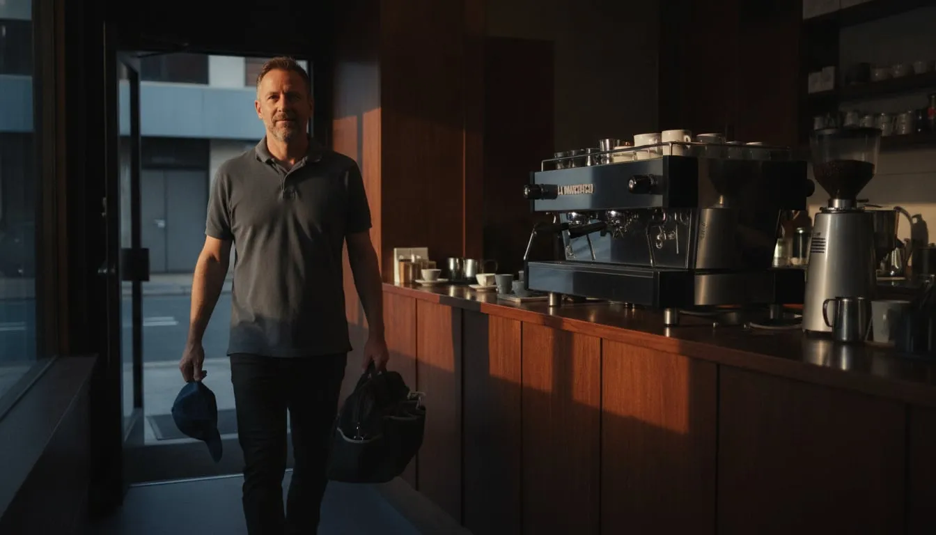 Technician walking into a small cafe in evening light carrying a plain tool bag, espresso machine on the bar inside