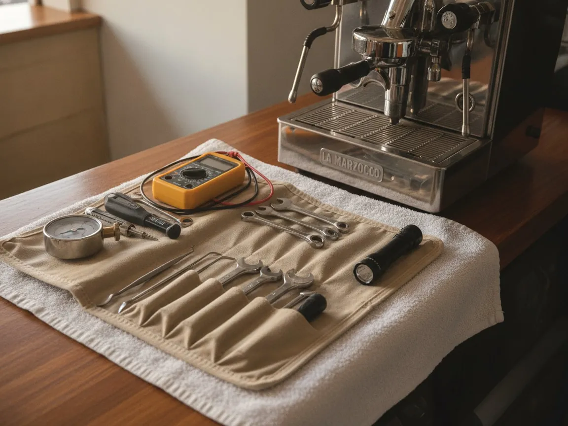 Tool roll laid open on a towel next to an espresso machine: pressure gauge, multimeter, seal picks, wrenches, flashlight