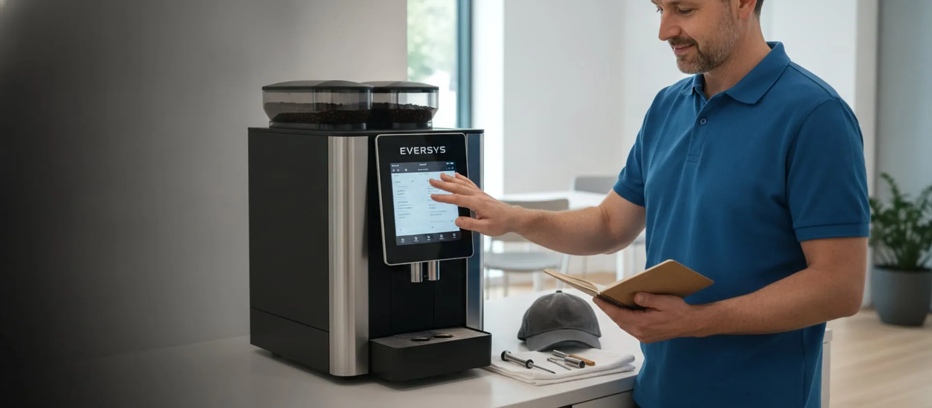 Eversys Cameo at an office coffee station, technician at the touchscreen; cap and tools on the counter