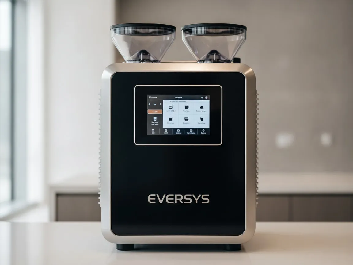 Eversys Cameo alone on a office coffee station, straight-on frontal view, even light