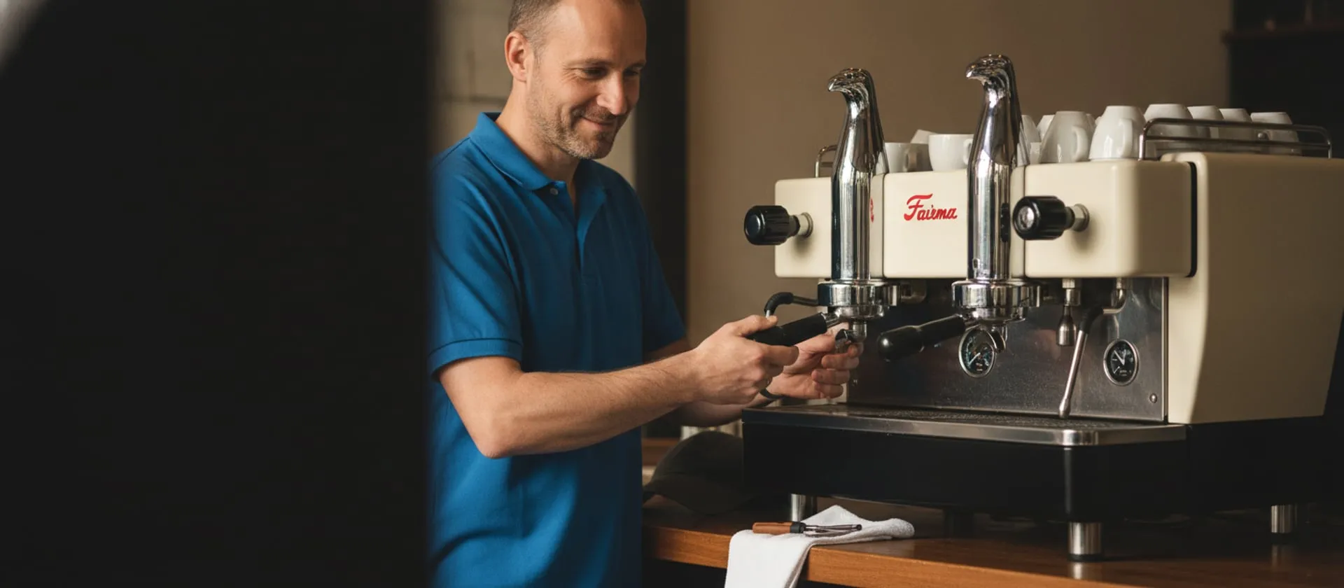 Faema E61 Legend on a cafe bar, technician at the group; cap and tools on the counter