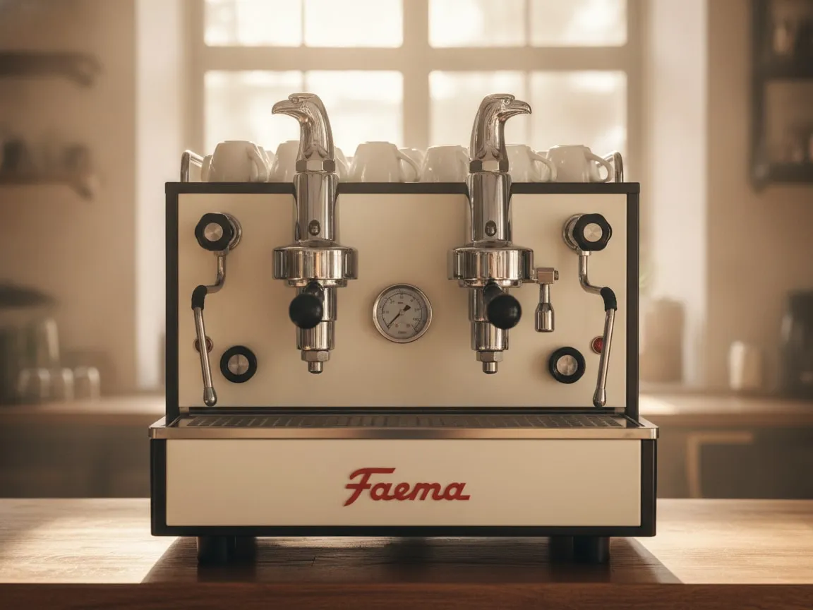 Faema E61 Legend alone on a cafe bar, straight-on frontal view, even light