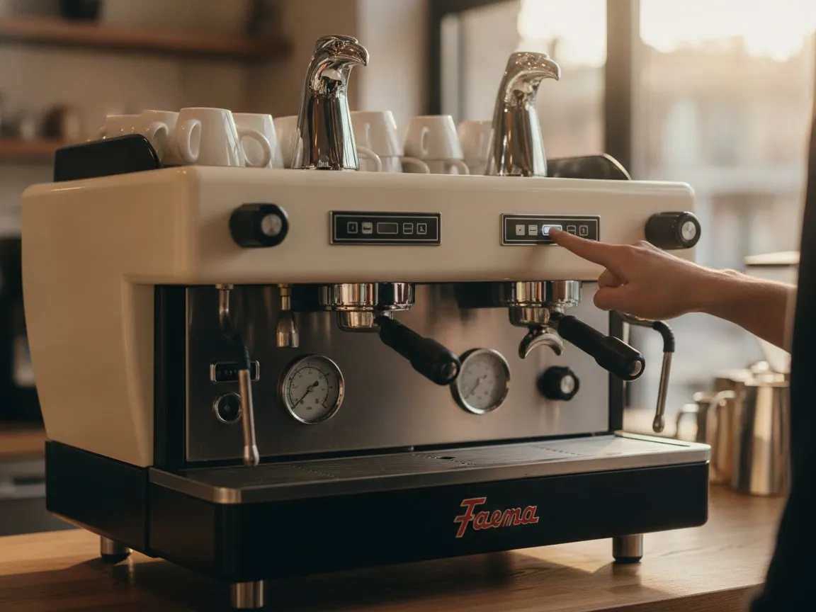 Finger pressing a button on the lit display of a Faema E61 Legend