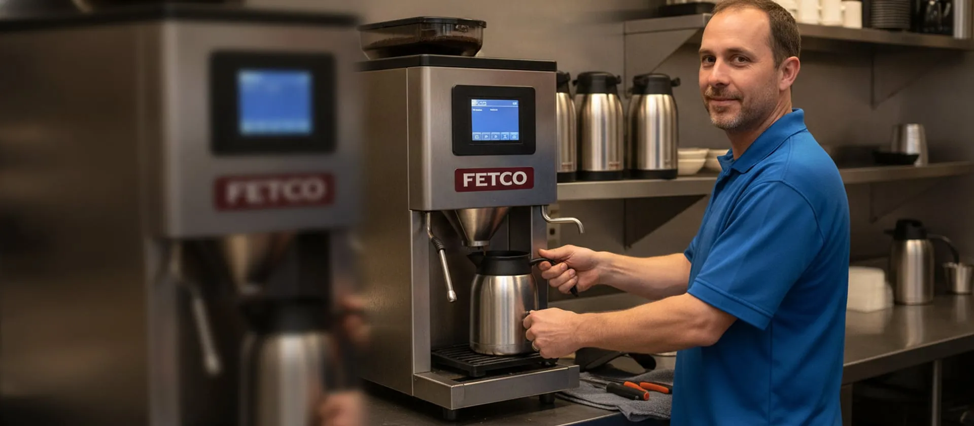 Fetco CBS-2131 batch brewer on a restaurant service counter, technician at the brew basket