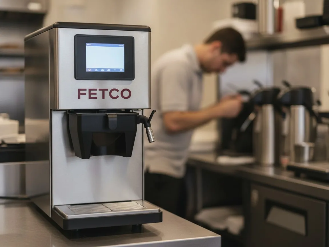 Fetco CBS-2131 in sharp focus on a restaurant service counter; a technician softly out of focus behind it