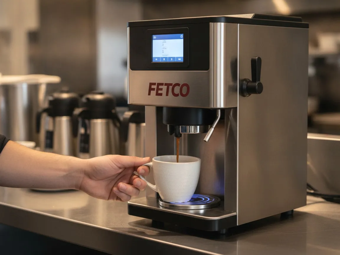 Hand holding a cup under the spout of a Fetco CBS-2131, coffee pouring