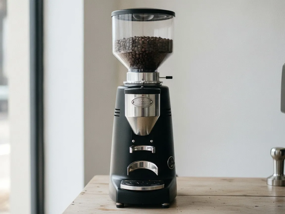 Tall black on-demand espresso grinder with a transparent bean hopper full of beans and a stepless adjustment collar, standing on a wooden counter