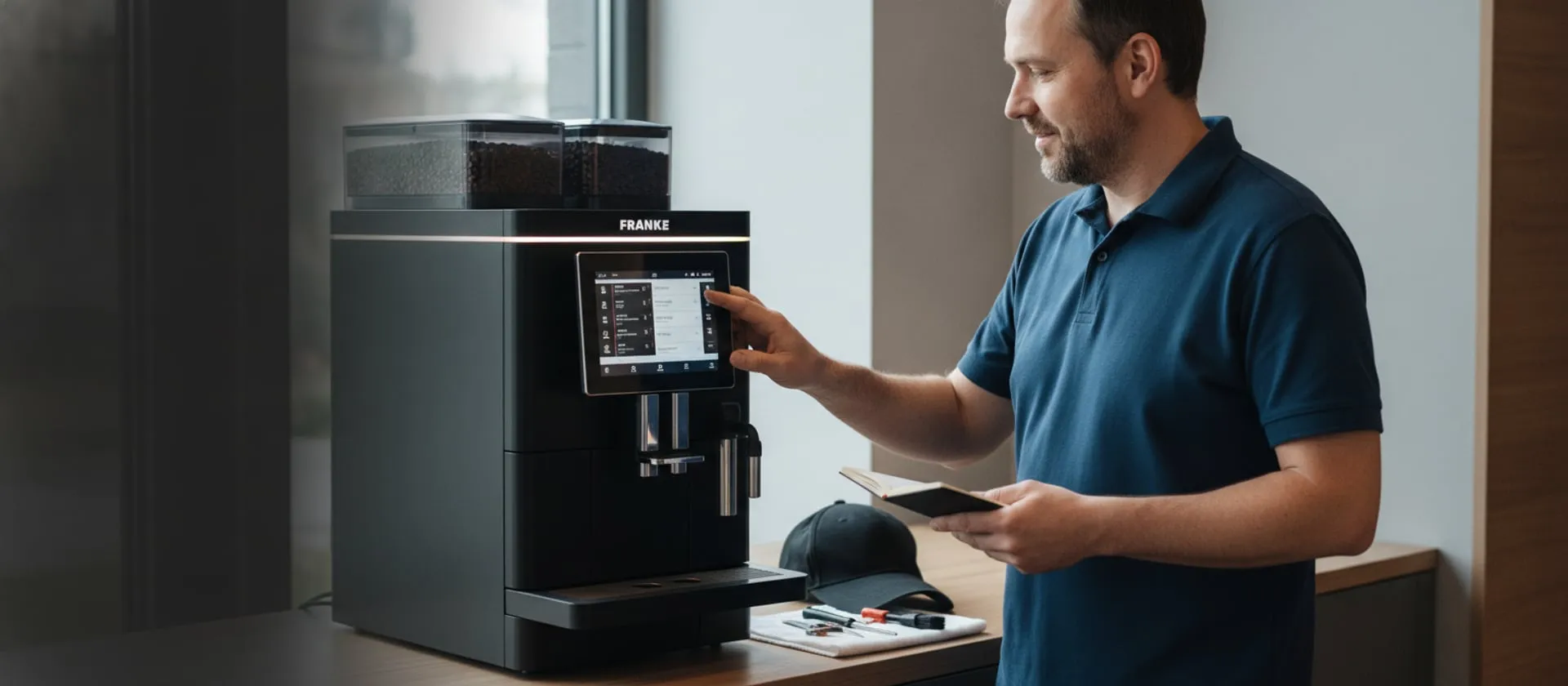 Franke A600 at an office coffee station, technician at the touchscreen; cap and tools on the counter