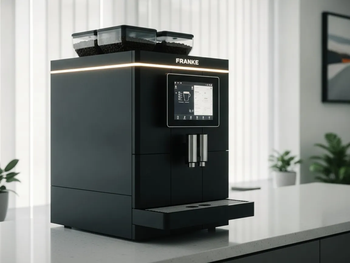 Franke A600 alone on a office coffee station, three-quarter view from the left, backlit by a window