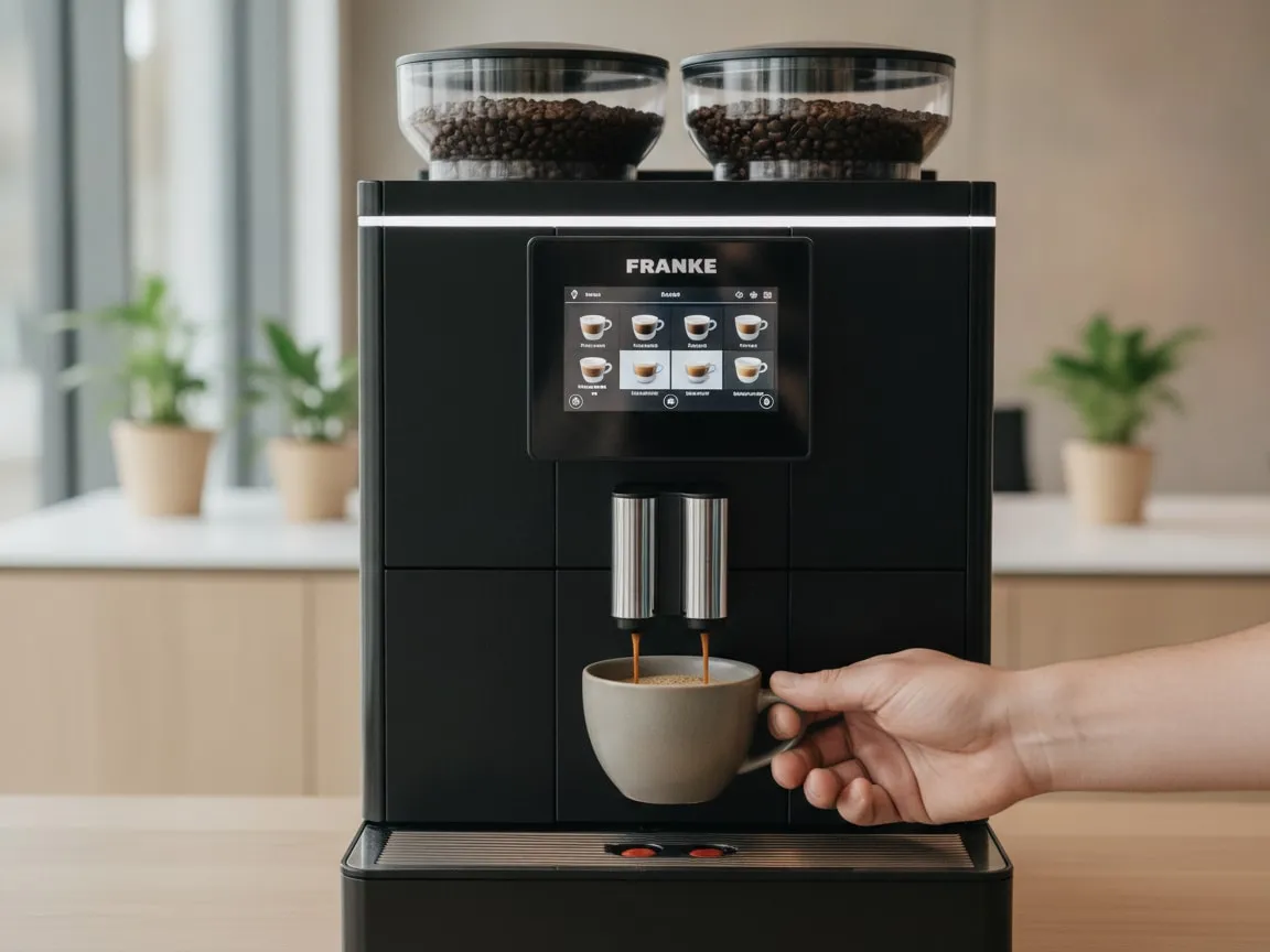 Hand holding a cup under the spout of a Franke A600, coffee pouring