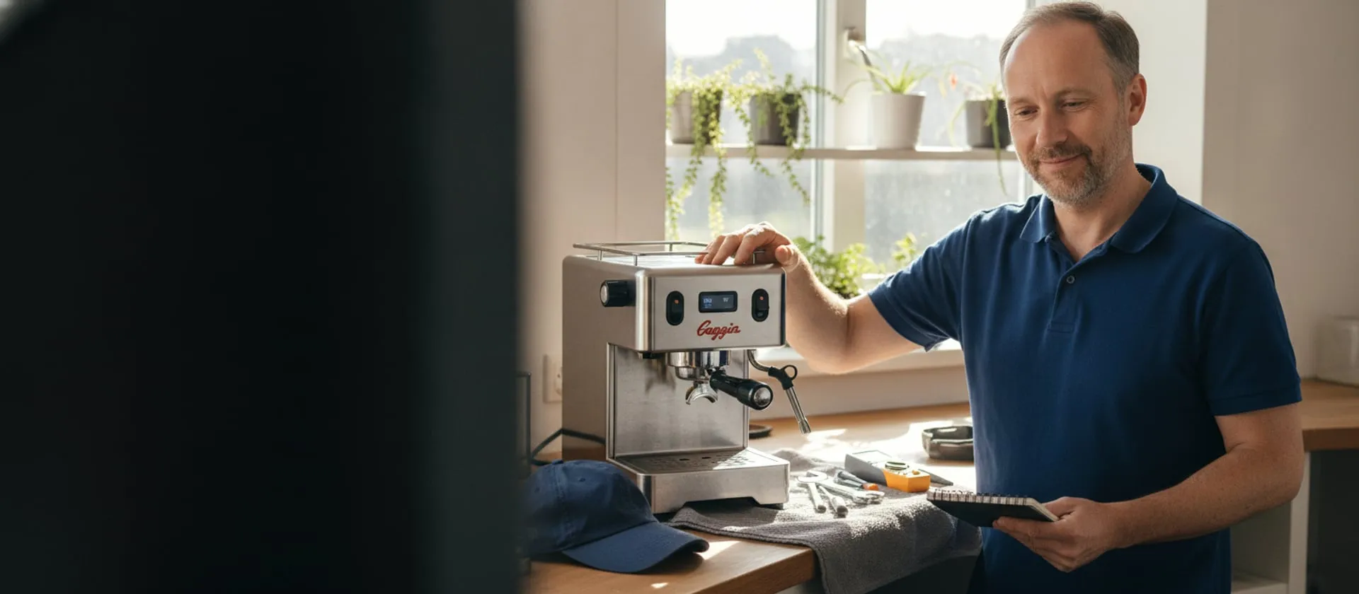 Gaggia Classic Pro on a kitchen counter, technician reading the display; cap and tools on a towel