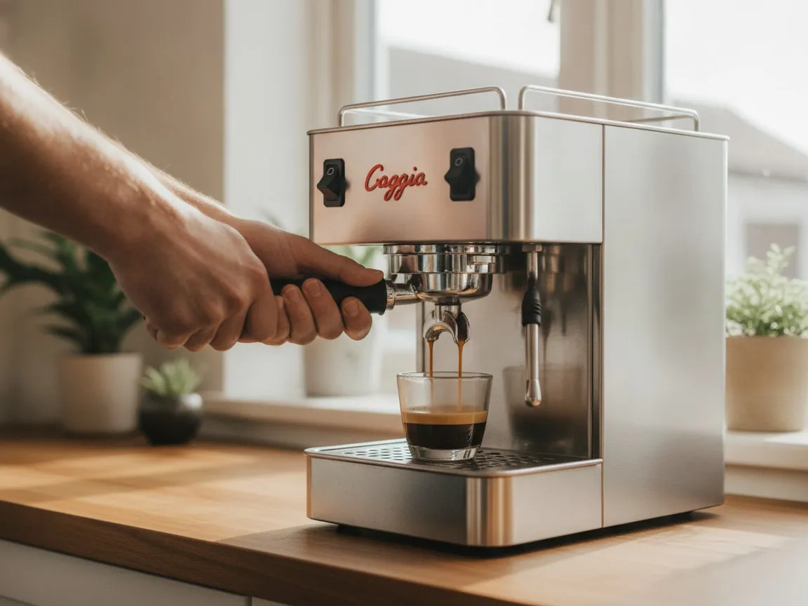 Hands locking a portafilter into the group of a Gaggia Classic Pro, espresso running into a cup