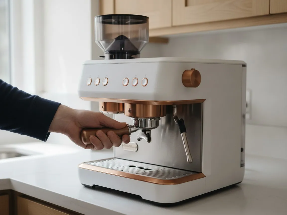 A hand locking the copper-handled portafilter into the brew group of a matte white espresso machine