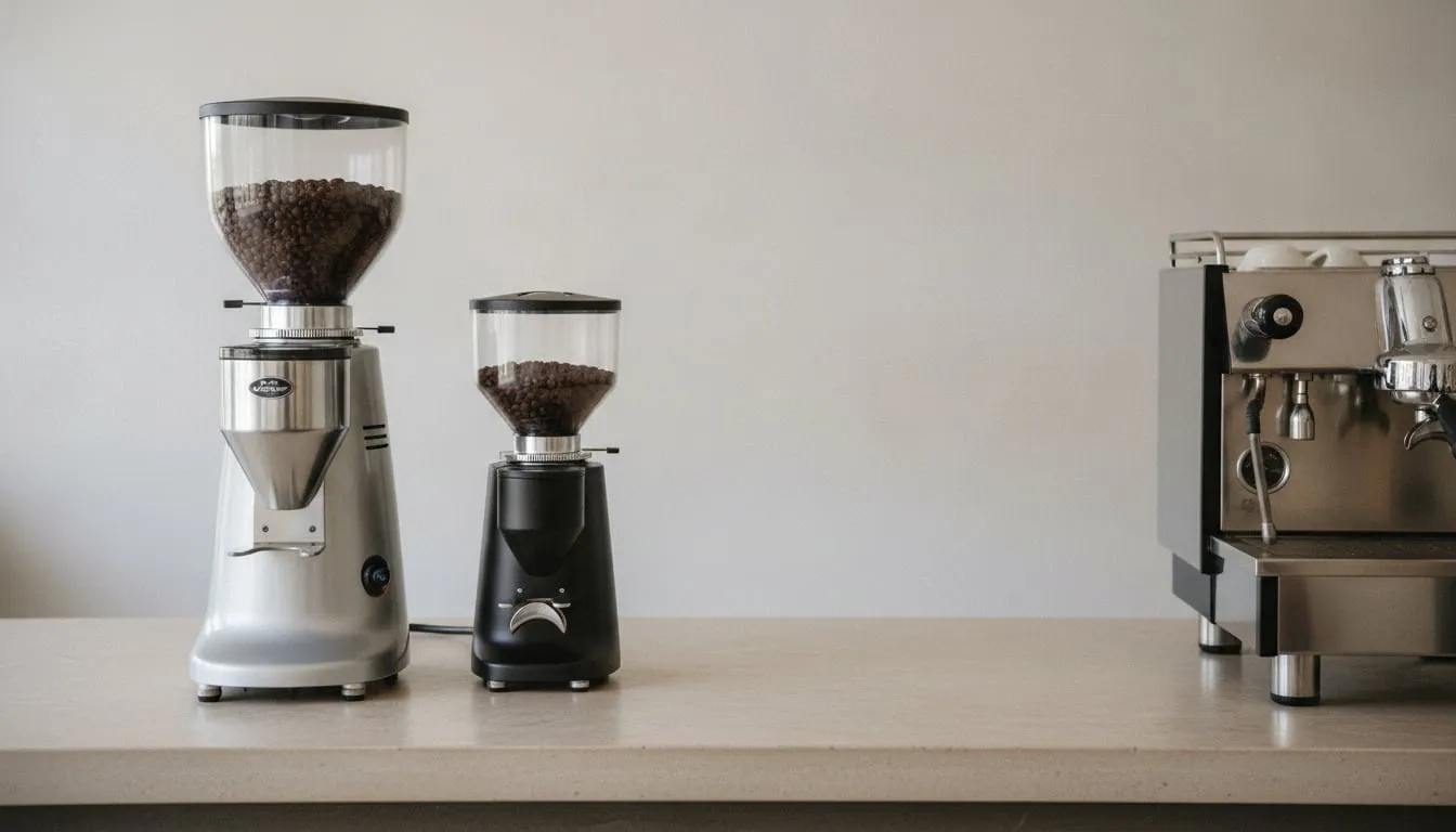 Two espresso grinders standing beside an espresso machine on a cafe bar, nobody in frame