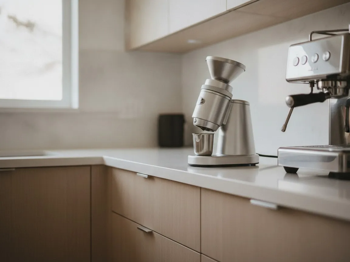 Single-dose home coffee grinder with a brushed-aluminium body and a dosing cup, beside a home espresso machine on a kitchen counter