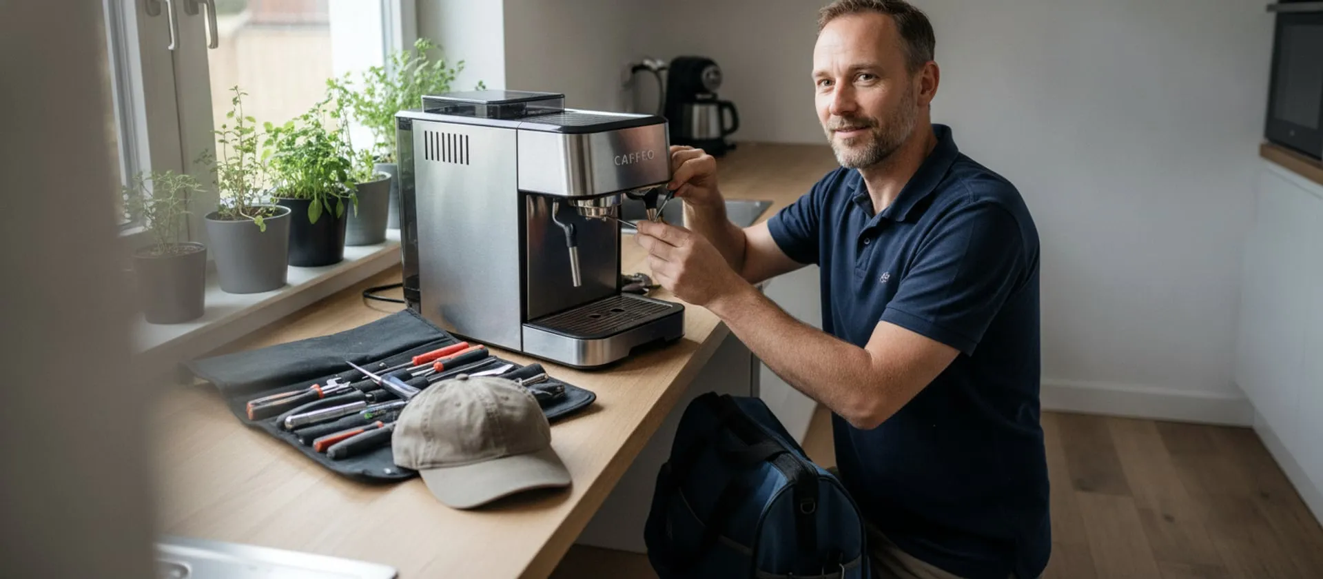 Technician in a navy polo kneeling at a kitchen counter, working on the group of a compact home espresso machine; cap and open tool roll beside it, tool bag on the floor