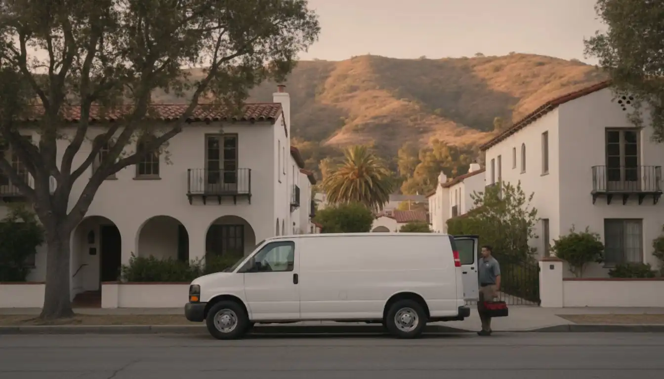 White service van parked on a Spanish Revival bungalows under the hills in Hollywood, technician lifting a tool bag from the side door