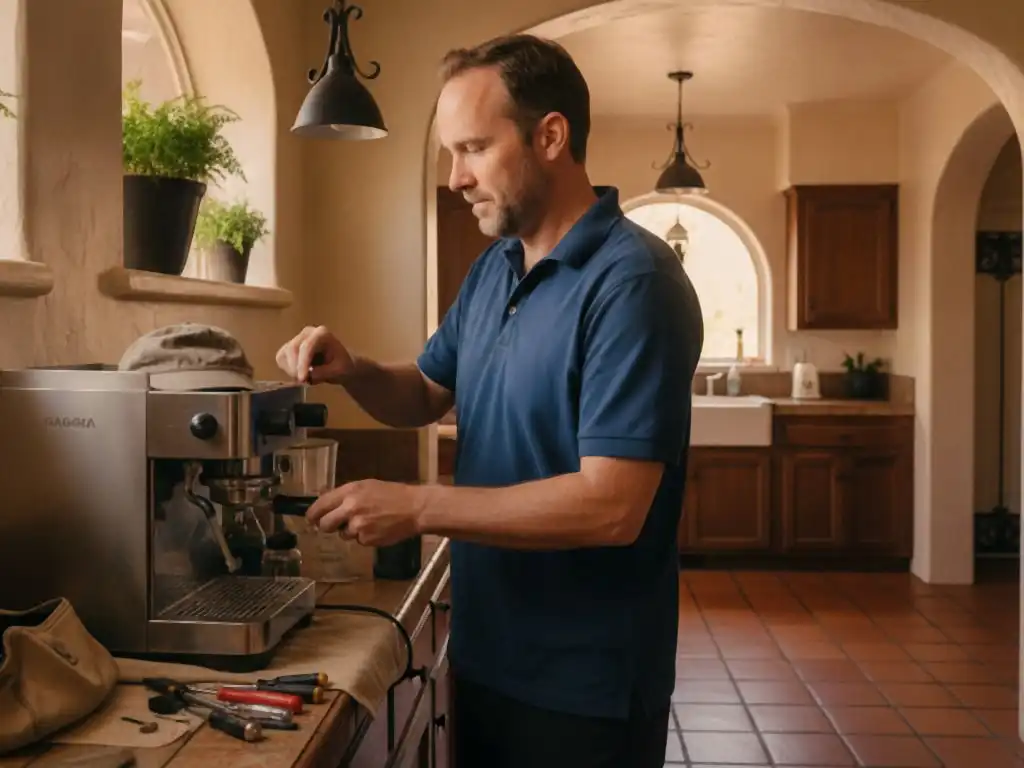 Technician working at an espresso machine in a 1920s bungalow kitchen in Hollywood