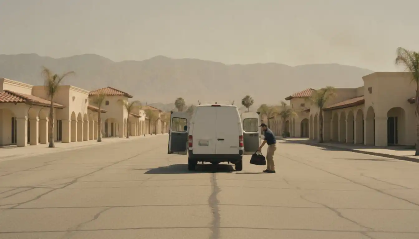 White service van on a wide sun-baked boulevard with Mission-style arcades and mountains behind, Inland Empire