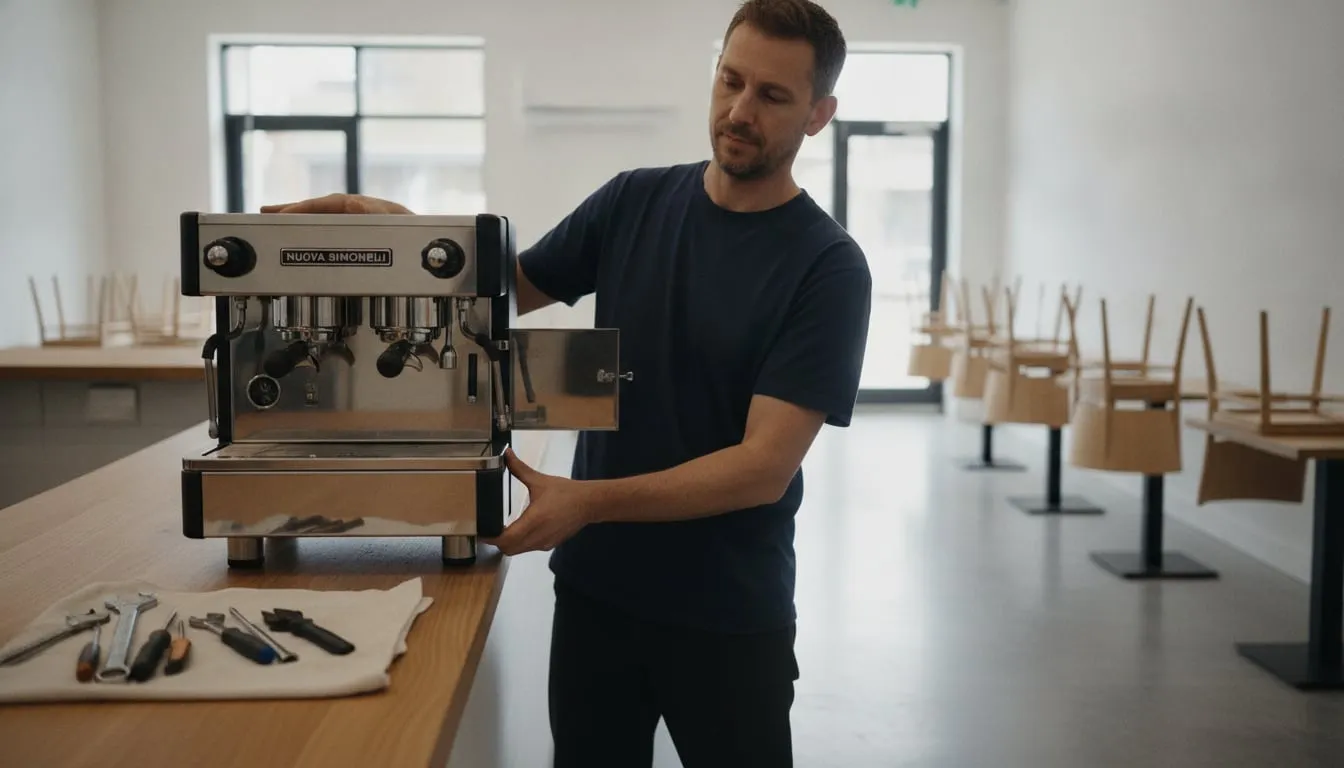 Technician placing a two-group commercial espresso machine on a wooden bar in a new, empty cafe, hands on both sides of the machine
