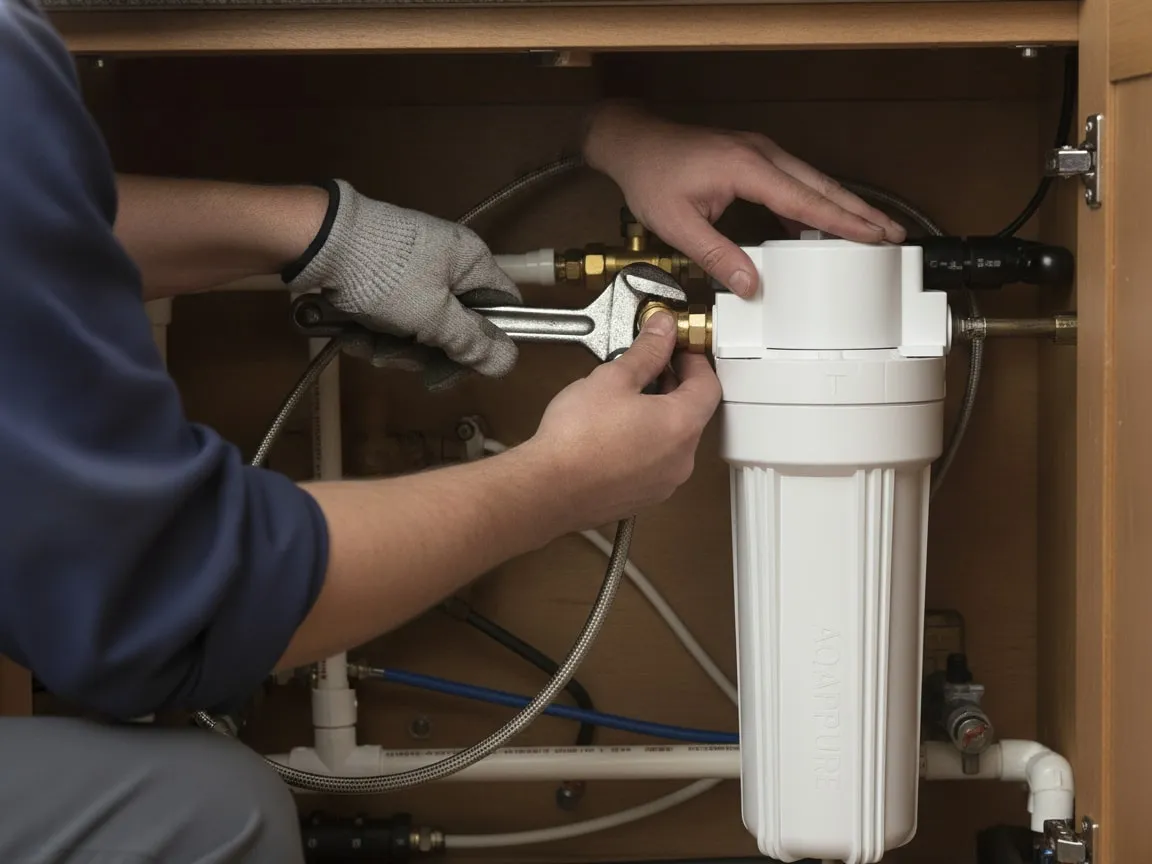 Hands with a wrench connecting a braided water line to a filter housing under a bar counter