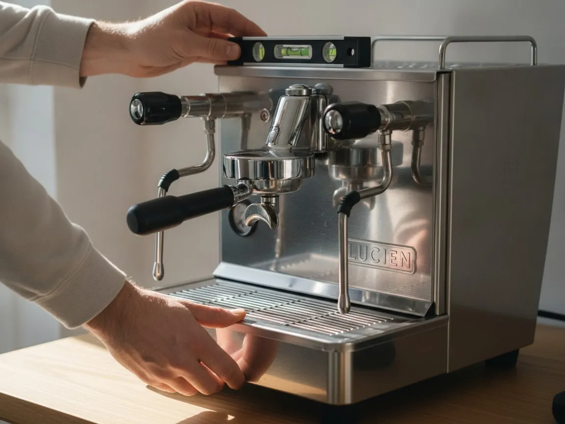 Hands holding a spirit level on top of an espresso machine on a bar counter, adjusting a machine foot