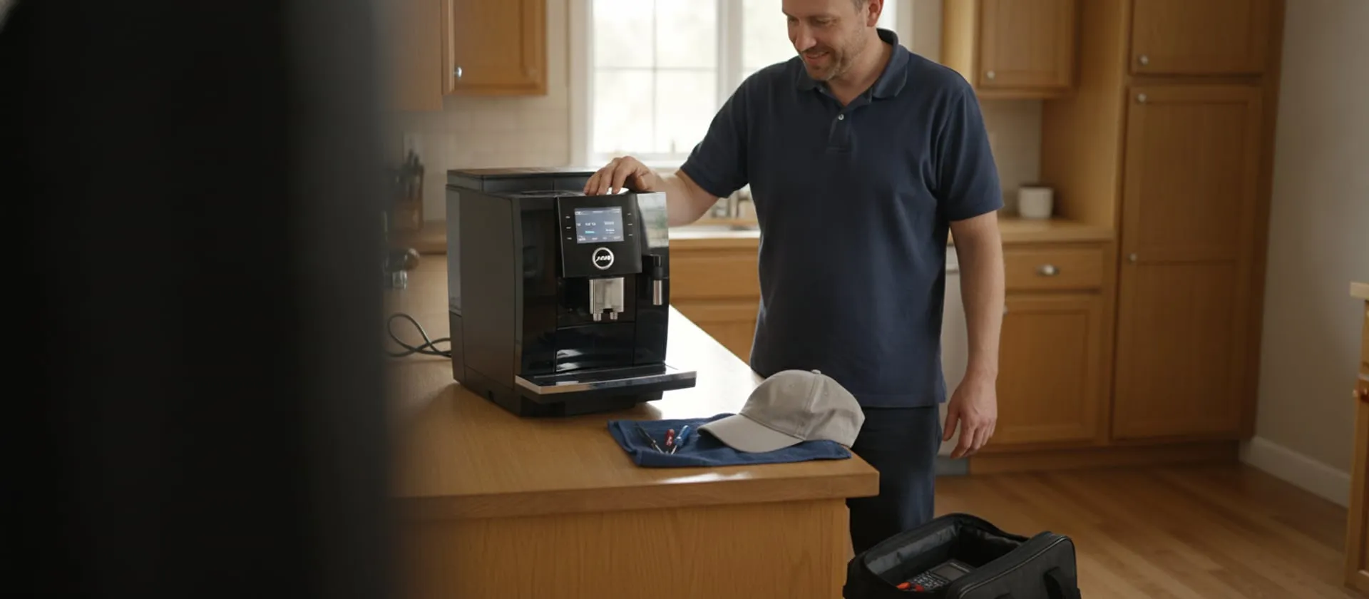 Jura super-automatic espresso machine on a kitchen counter, technician touching the display; cap and tools on a towel, tool bag on the floor