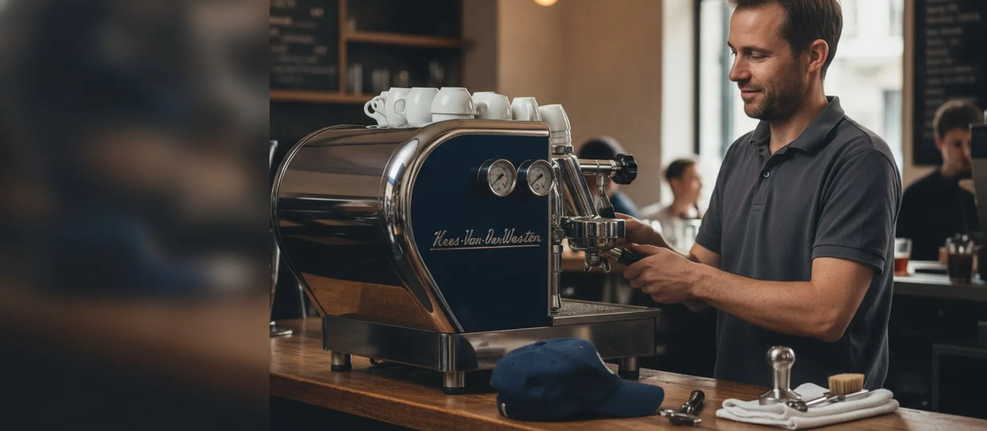 Kees van der Westen Speedster on a cafe bar, technician at the group; cap and tools on the counter