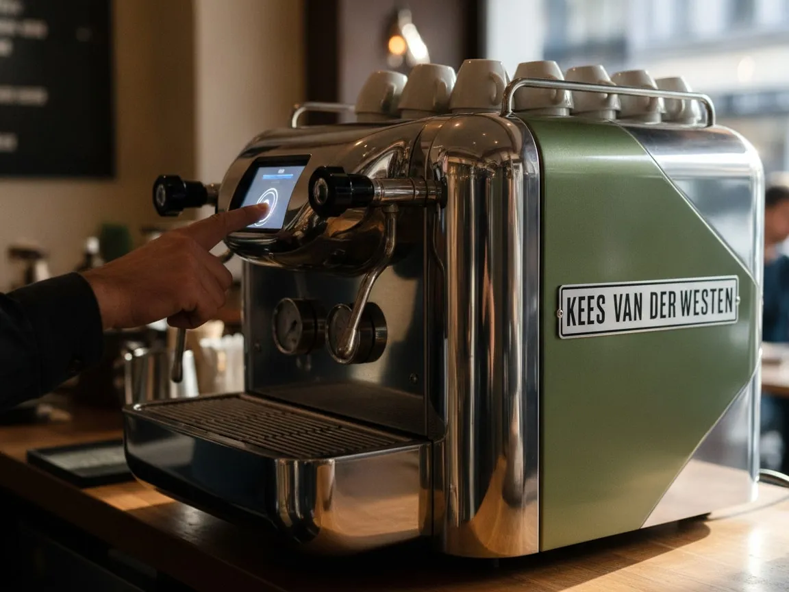 Finger pressing a button on the lit display of a Kees van der Westen Speedster