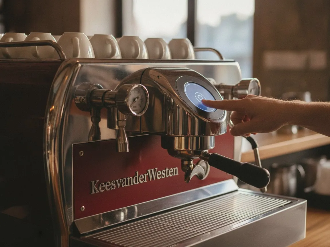 Finger pressing a button on the lit display of a Kees van der Westen Speedster