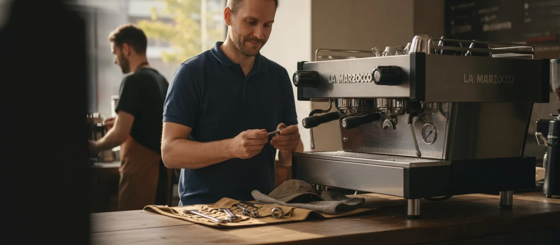 Technician at a cafe bar with a La Marzocco two-group machine, tool roll and cap on the counter, barista at the window behind