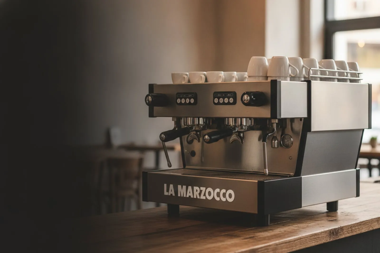 La Marzocco Linea two-group espresso machine alone on a wooden cafe bar, cups on the warming tray